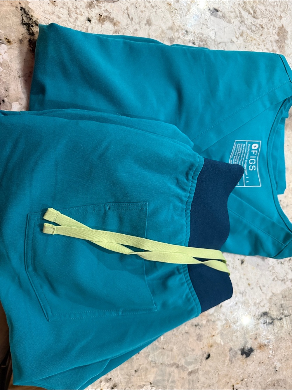Figs Teal Scrub Joggers with Navy Waistband and Yellow Drawstring